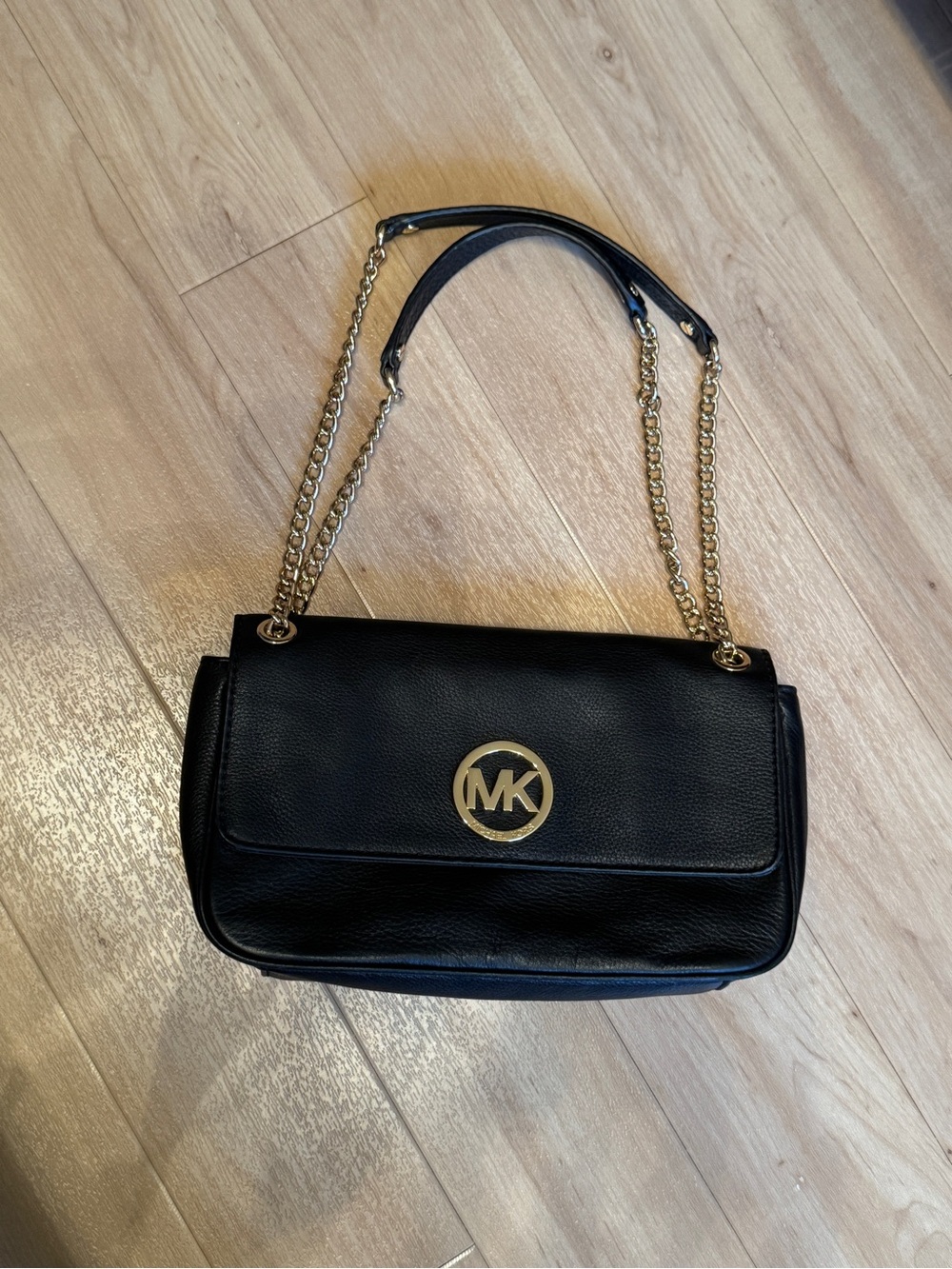 Michael Kors Black Leather Shoulder Bag with Gold Hardware